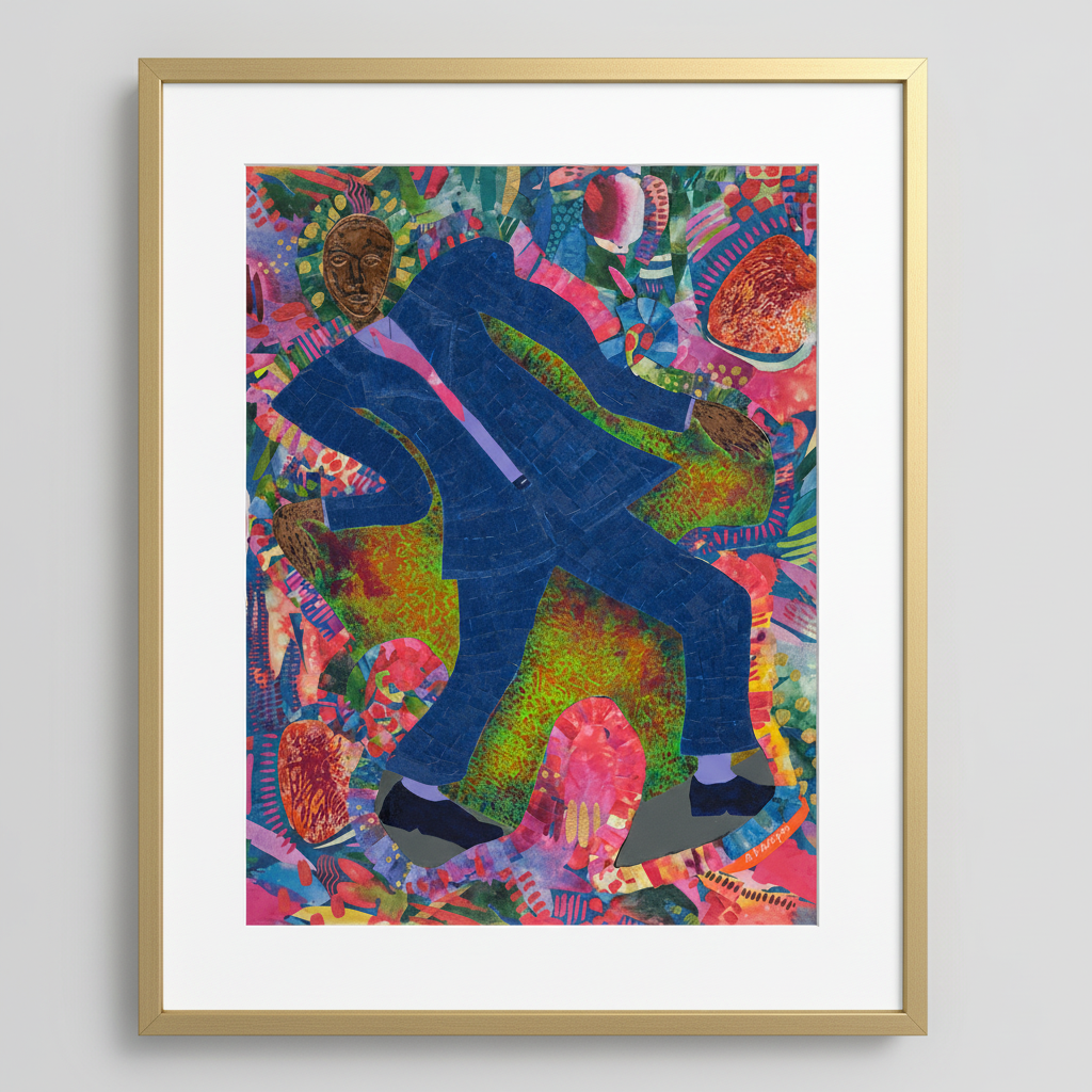 Colorful artwork of a man in a suit dancing with a gold frame.
