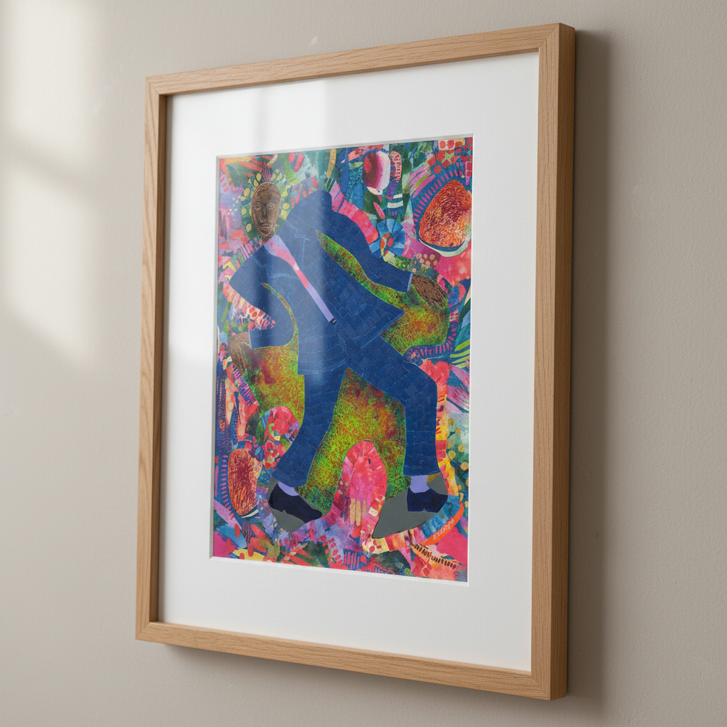 Framed colorful artwork of a person dancing on a beige wall