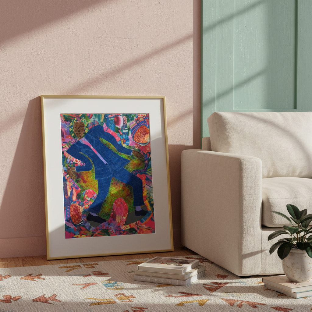 Framed colorful abstract art piece of a man dancing on a wall next to a beige armchair.