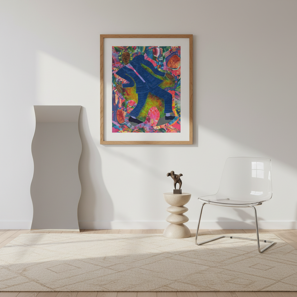 Colorful abstract painting on a wall in a modern room with furniture.