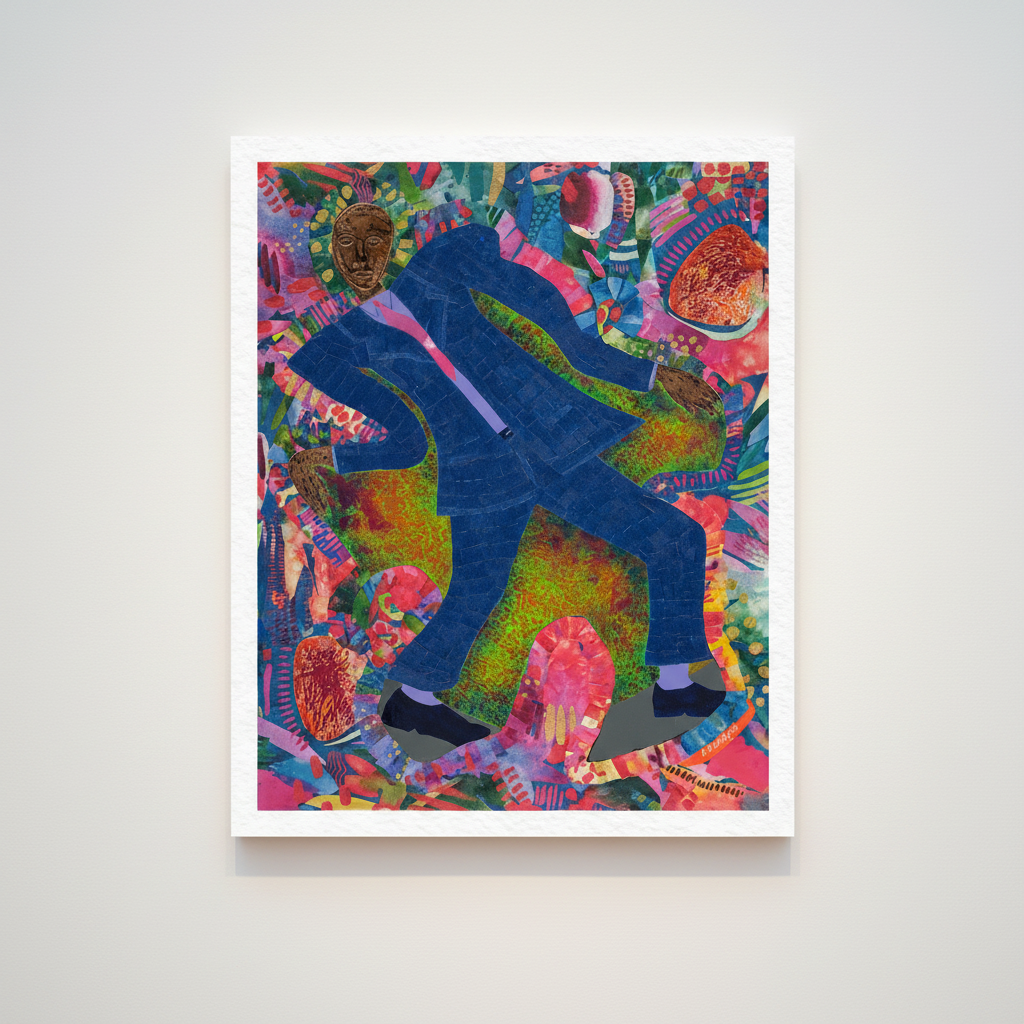 Colorful abstract artwork with a man in a blue suit on a white wall