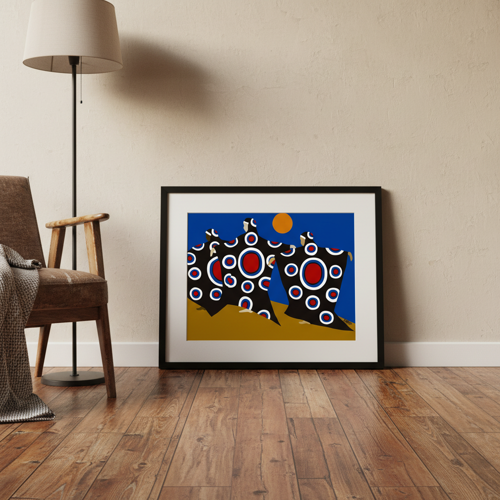Framed abstract artwork on a wall in a room with wooden floor and chair.