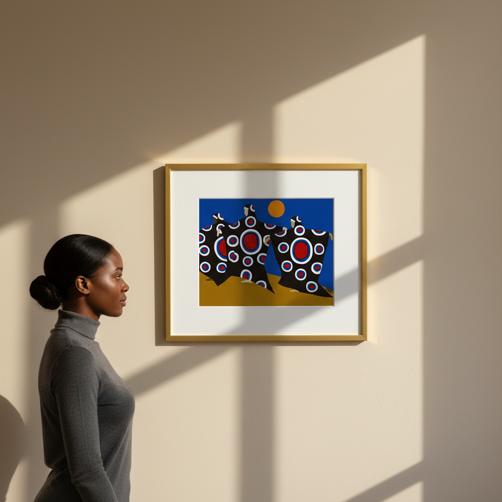 Dance of the Dougla art print with editorial viewer looking at wall — Caribbean dance art on wall