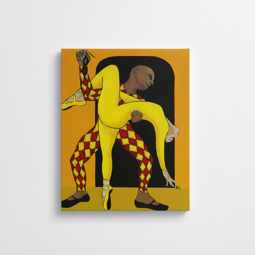 Dance of the Harlequin stretched canvas print — full artwork image of Black ballet dancers on canvas
