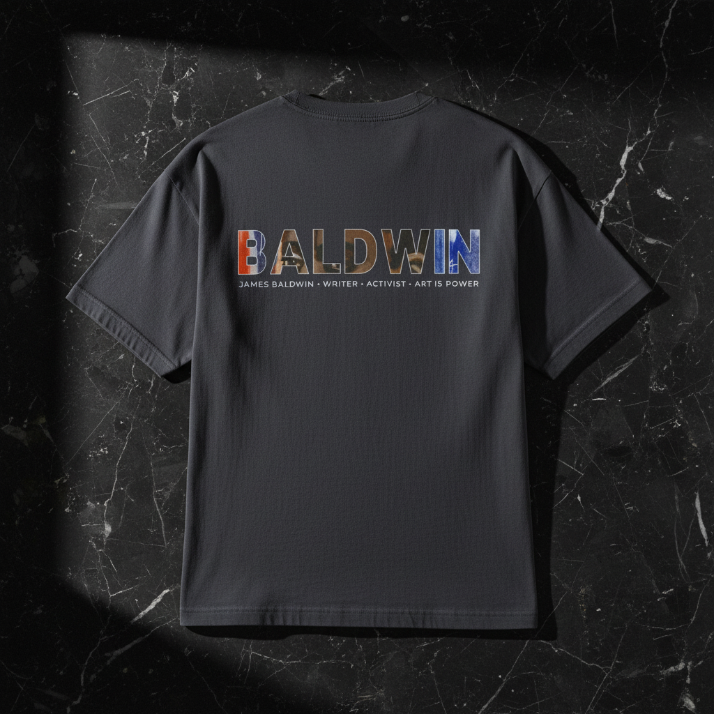James Baldwin dark grey tee back flatlay — The Baldwin Set — Art Is Power Vol. I | Inkwell Fine Art Prints