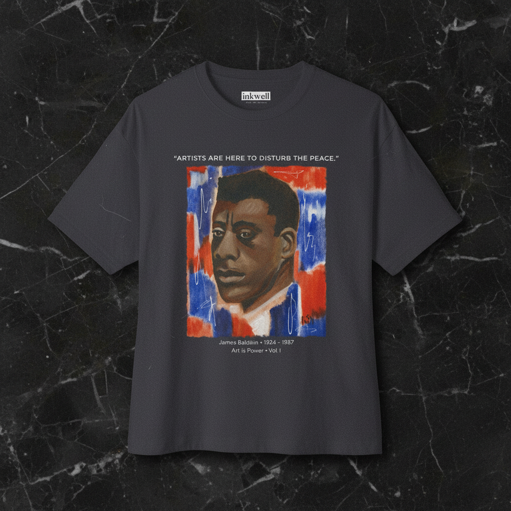 James Baldwin dark grey tee front flatlay — included in The Baldwin Set — Art Is Power Vol. I | Inkwell Fine Art Prints
