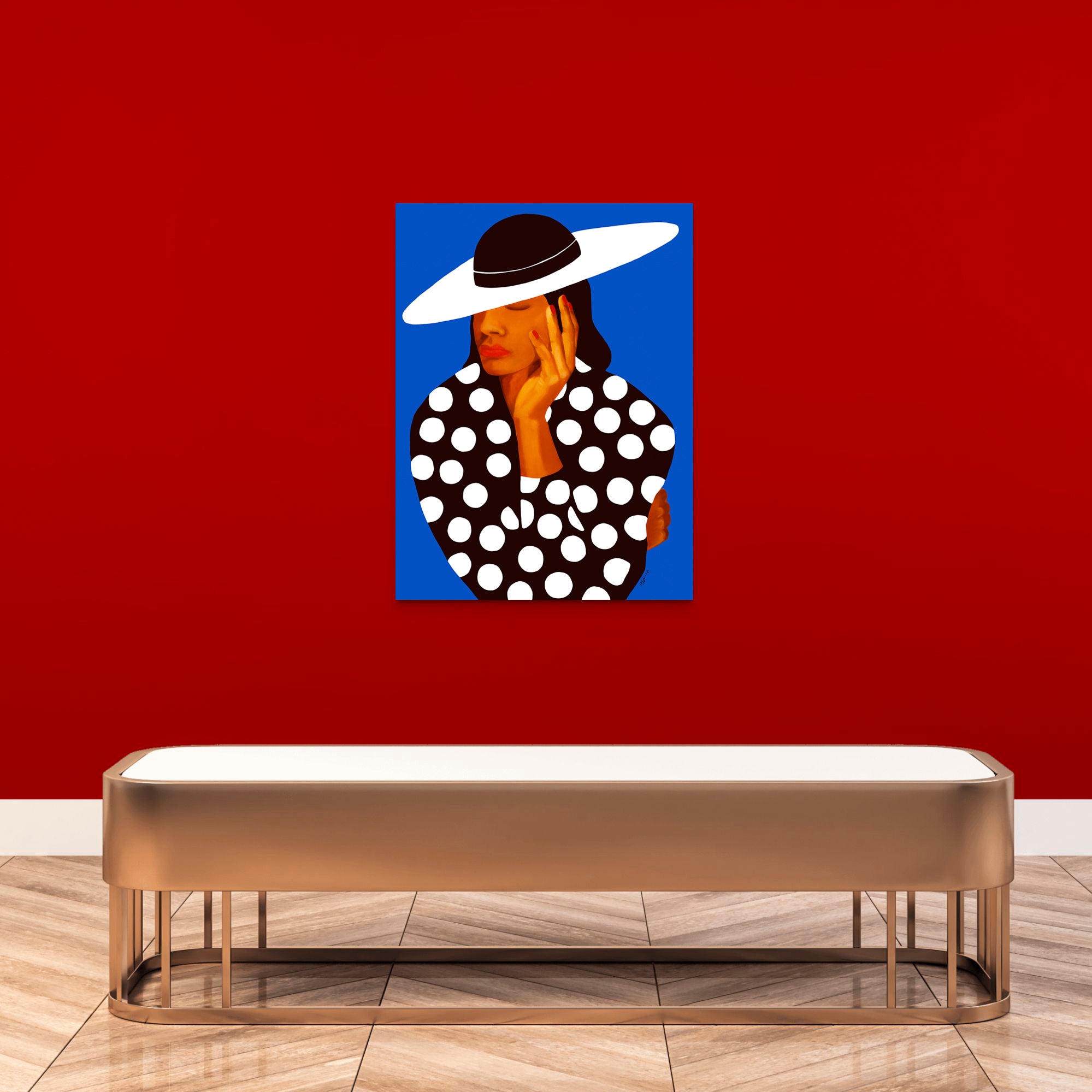 Diva in Black & White Polka Dots – Church Hat art on Canvas - hung on a red gallery wall above a gold bench