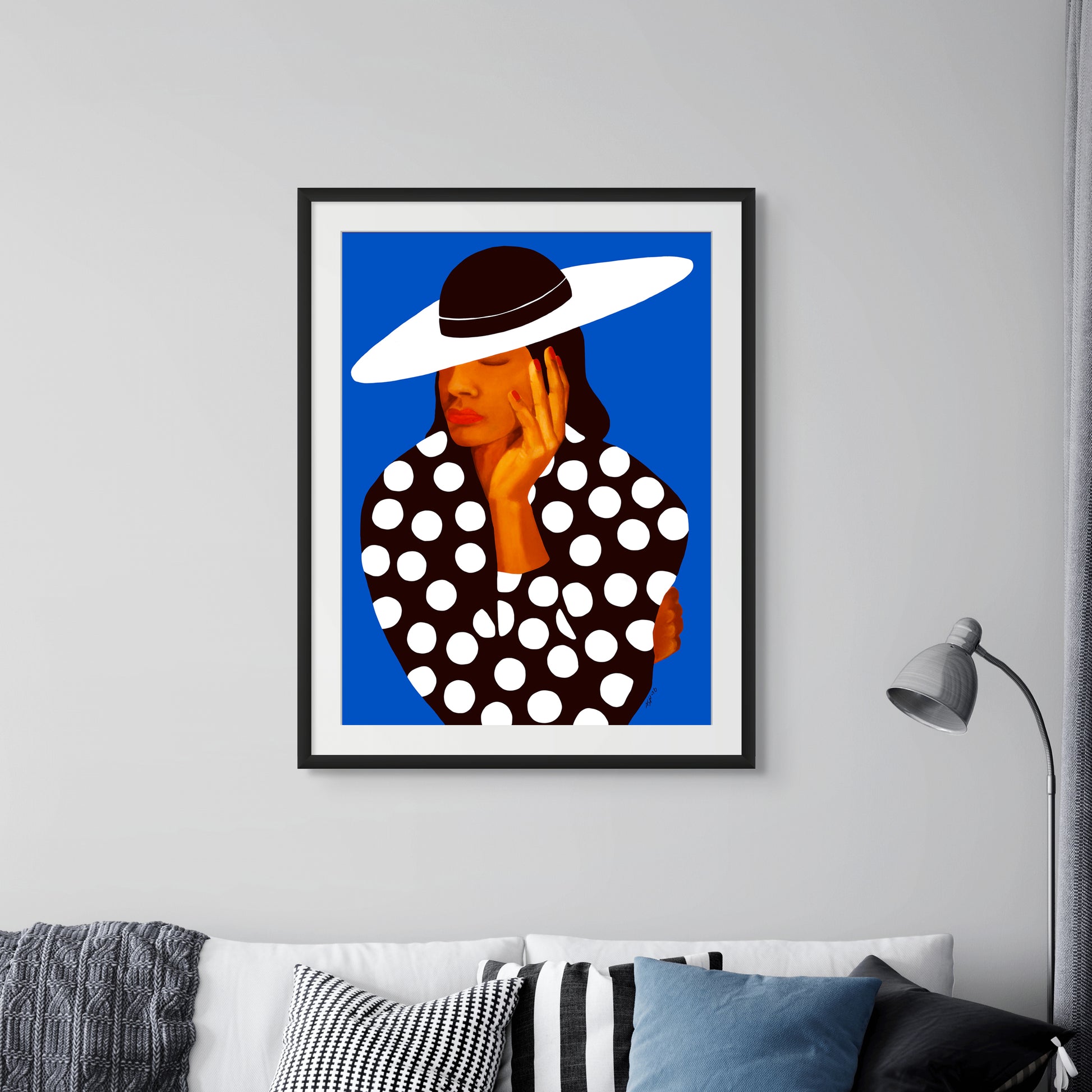 Diva in Black and White Polka Dots – Fashion Art Print -  black artwork for living room - framed in black