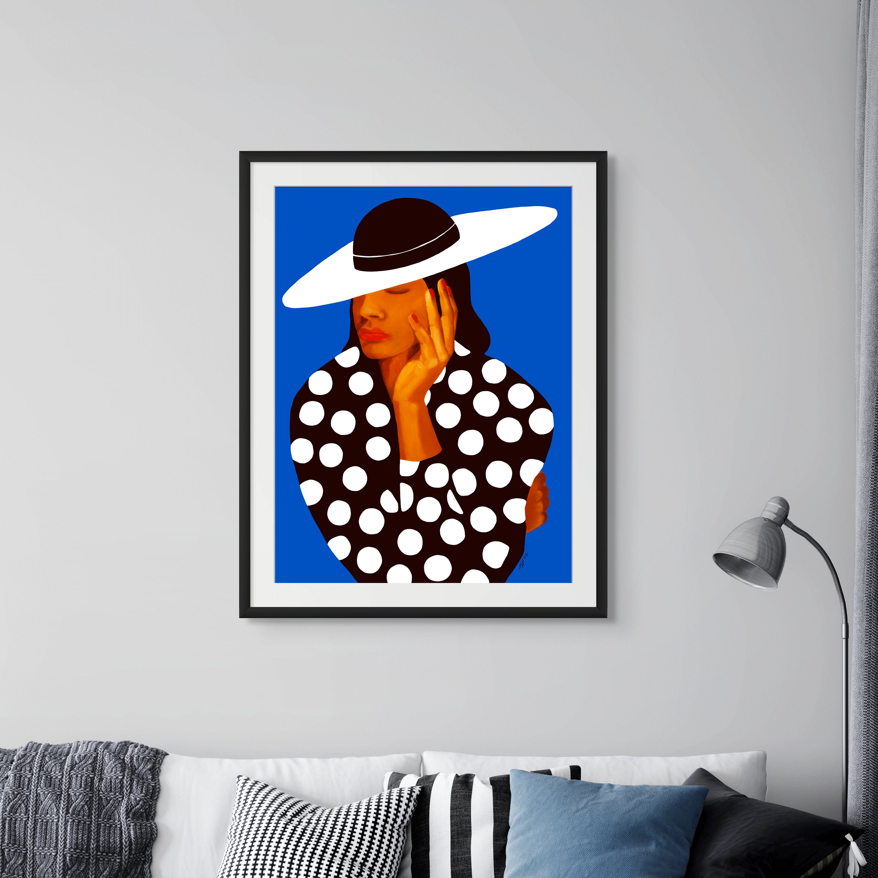 Diva in Black and White Polka Dots – Fashion Art Print -  black artwork for living room - framed in black