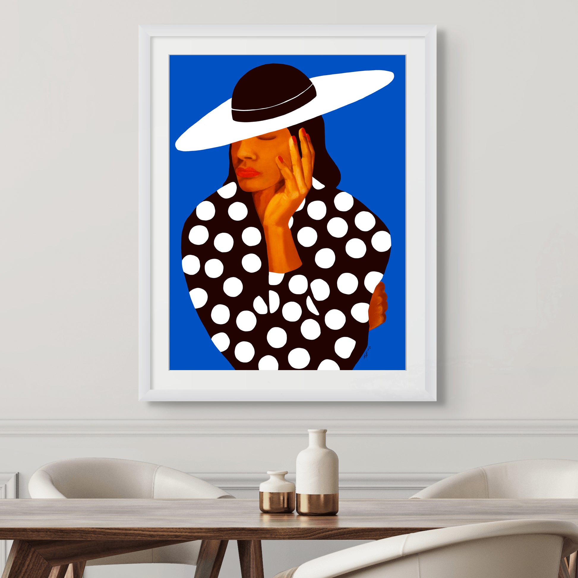 Diva in Black and White Polka Dots – Fashion Art Print -  framed in white with white mat hung in dining room