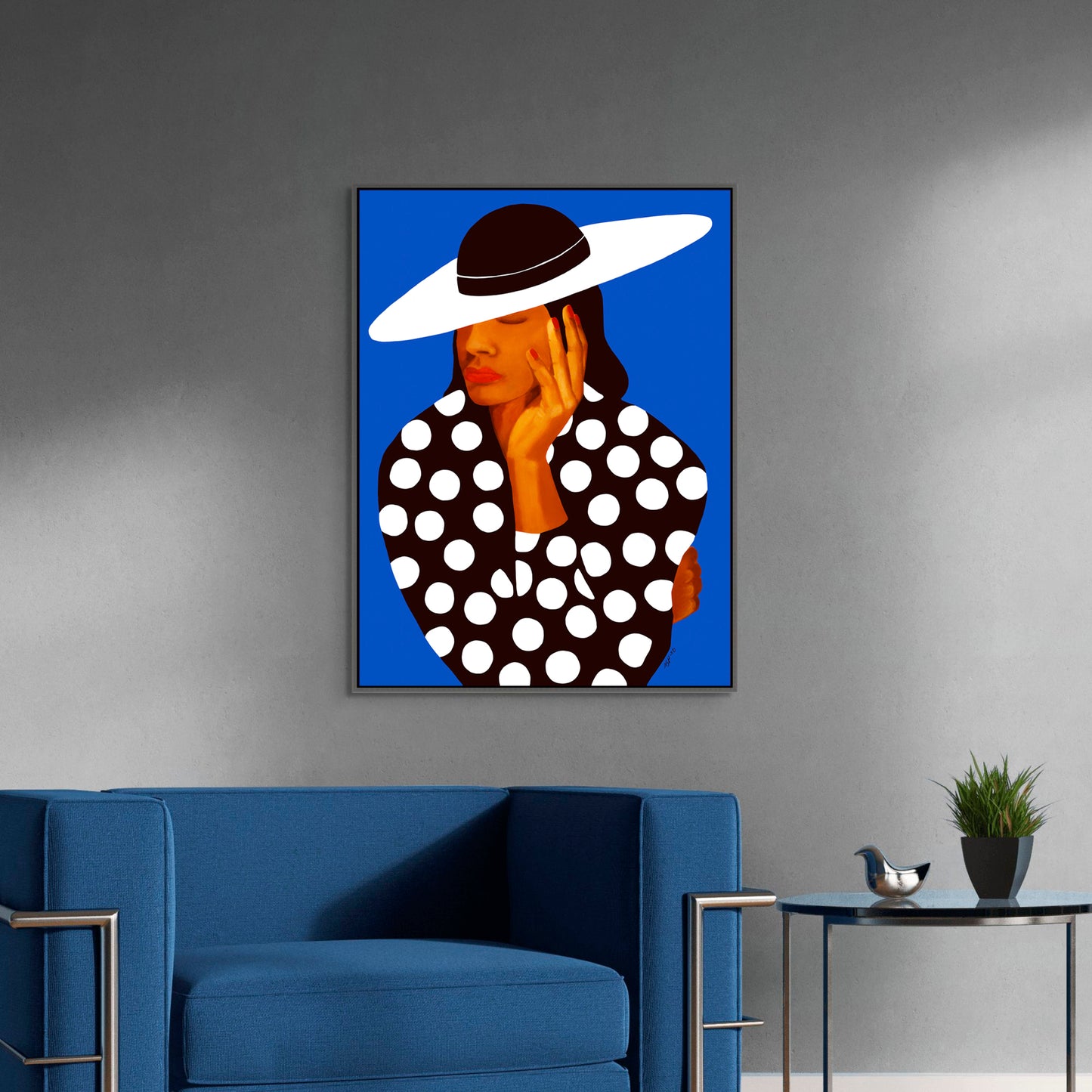 Diva in Black & White Polka Dots – Black Elegance Art Print - hung over blue clubchair