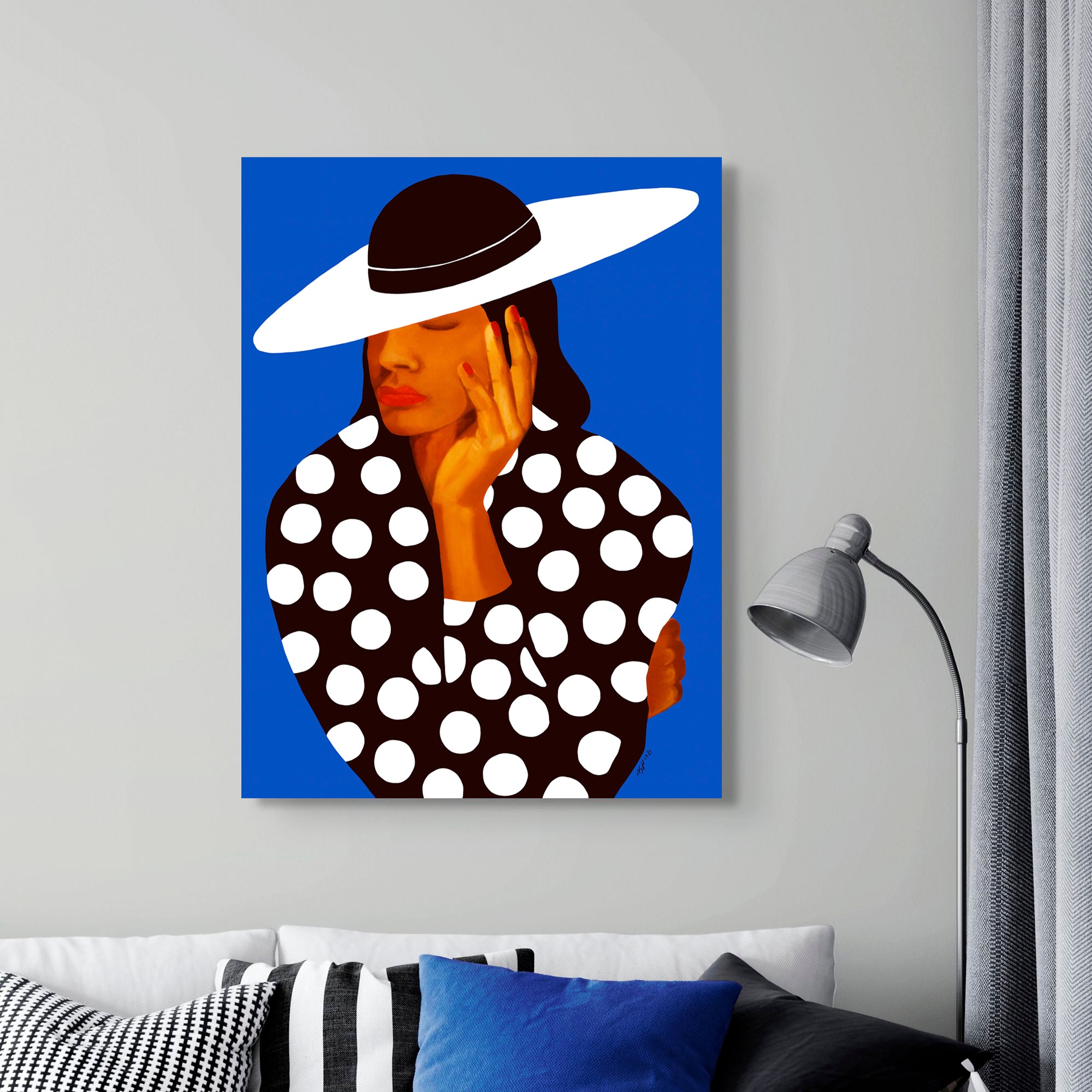Diva in Black & White Polka Dots – Church Hat art on Canvas - black art for living room