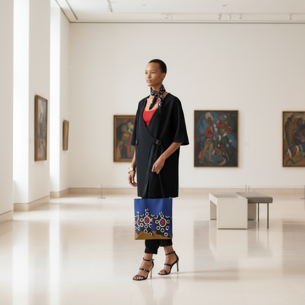 Dance of the Dougla tote bag displayed in gallery interior setting alongside Black art prints