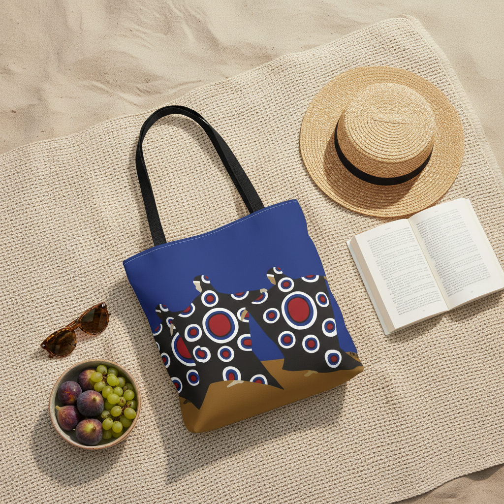 Dance of the Dougla Caribbean art tote bag styled in beach blanket flatlay