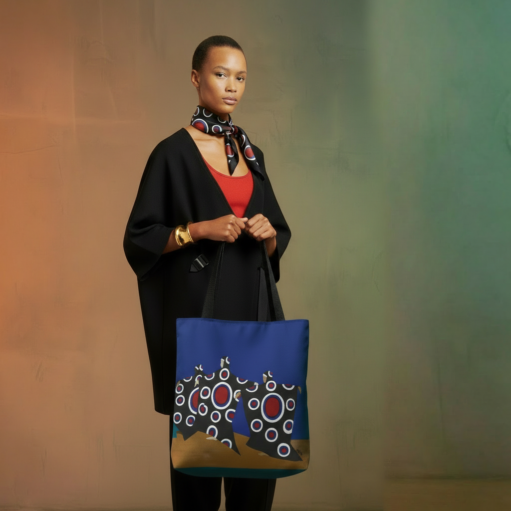 Model carrying Dance of the Dougla Caribbean art tote bag showing size and fit over shoulder