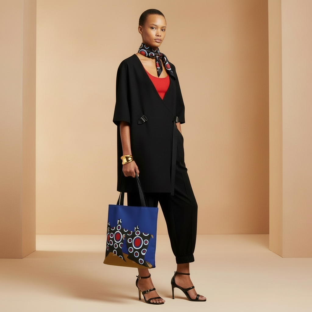 Elevated noir lifestyle shot of Dance of the Dougla tote bag by Black artist Antionette Simmons Hodges