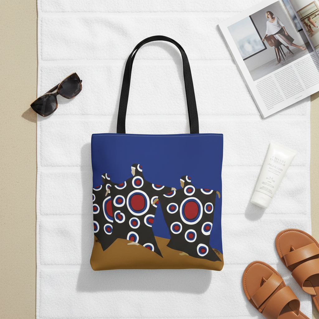 Caribbean art tote bag poolside flatlay showing cobalt blue and ochre geometric design