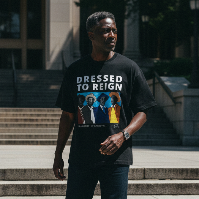 Faculty wearing Dressed to Reign tee — Black dandyism portrait — Art Is Power Vol. I | Inkwell Fine Art Prints