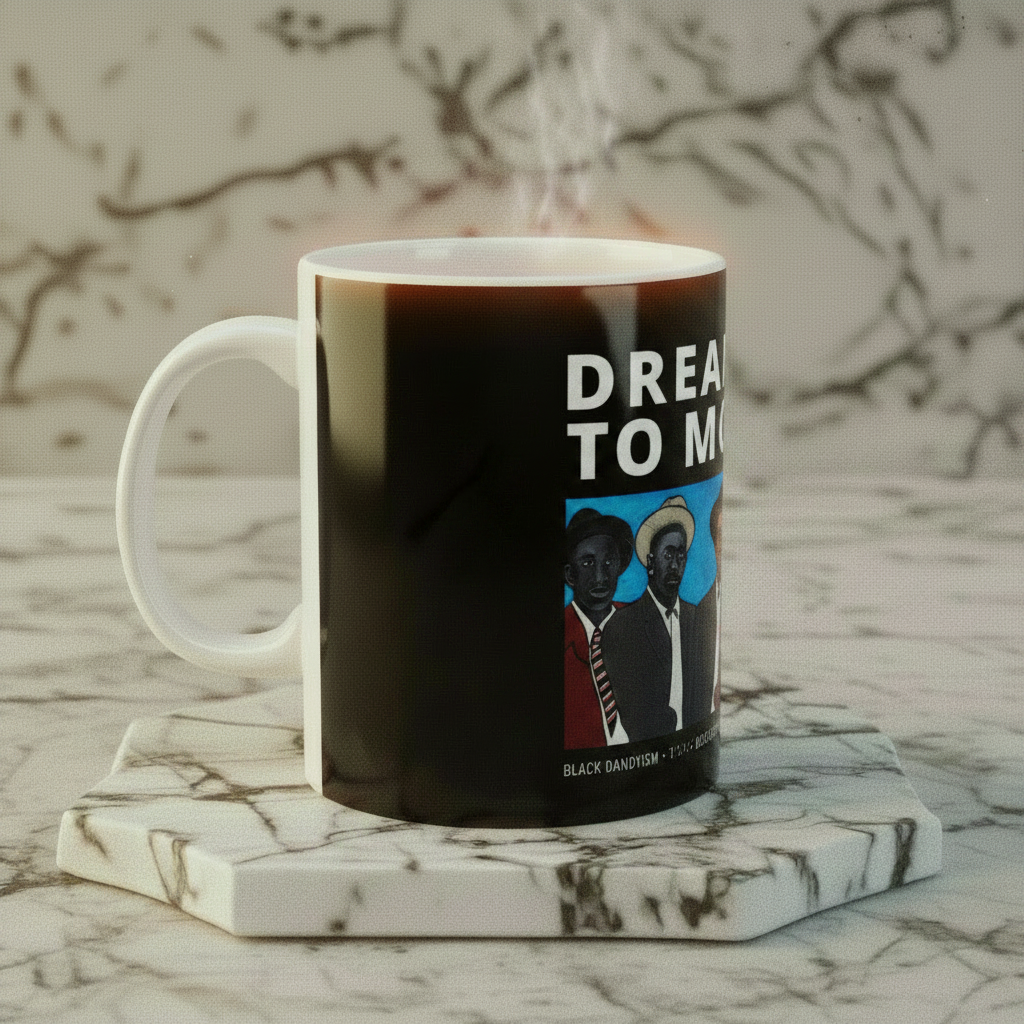 Four Guys Dressed to Reign ceramic mug left side view on marble riser — Art Is Power Vol. I by Inkwell Fine Art Prints