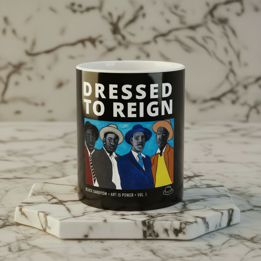 Four Guys Dressed to Reign ceramic mug front view on marble riser — Art Is Power Vol. I by Inkwell Fine Art Prints