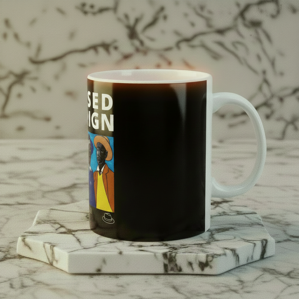 Four Guys Dressed to Reign ceramic mug right side view on marble riser — Art Is Power Vol. I by Inkwell Fine Art Prints