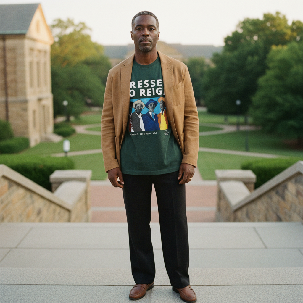 Faculty man wearing Dressed to Reign tee — Black dandyism art — Art Is Power Vol. I | Inkwell Fine Art Prints