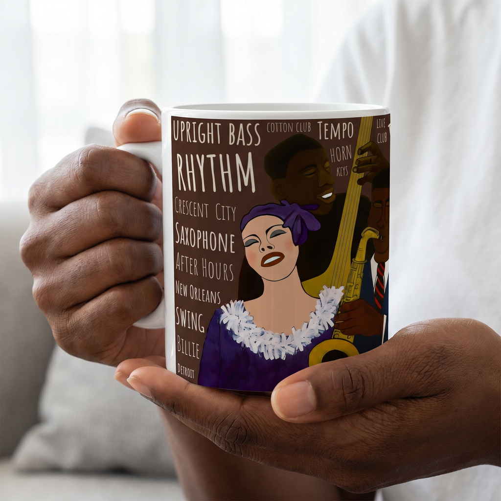 Battle of the Jazz Bands mug in espresso — Black art jazz ceramic coffee cup by Antionette Simmons Hodges