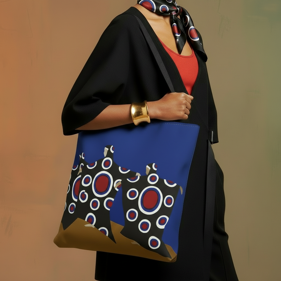 Woman holding a large tote bag with blue background and 3 female figures wearing black robes with white, red and blue circles.