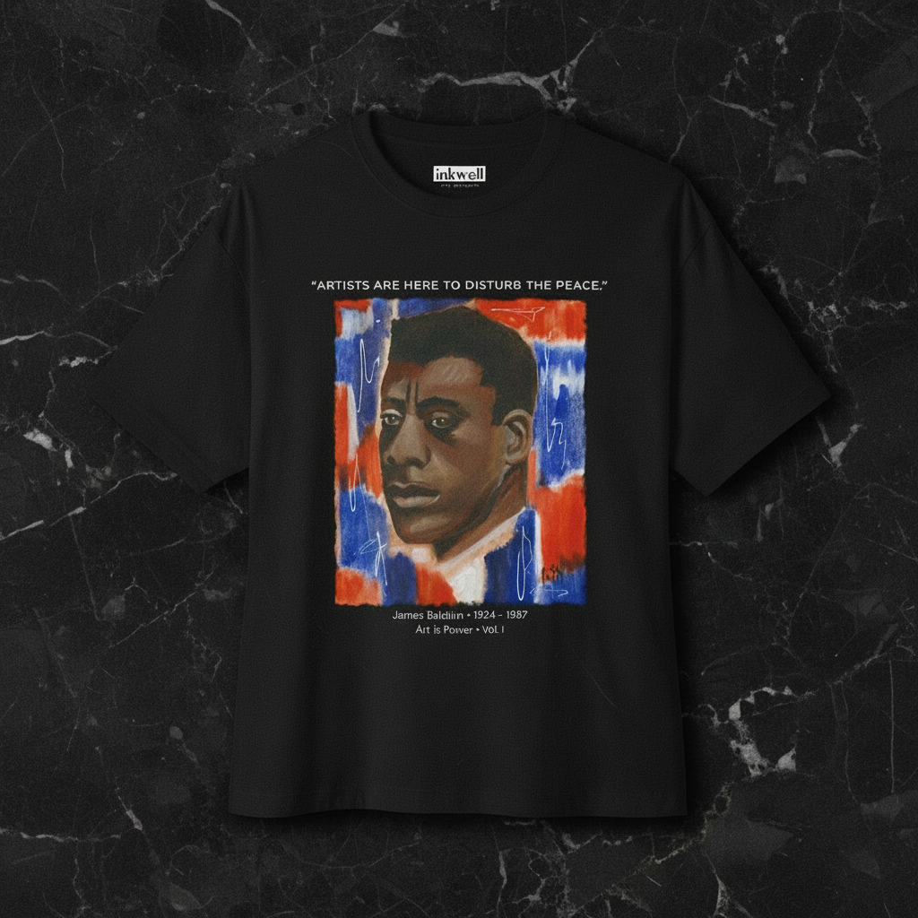 James Baldwin faded black tee front flatlay — Art Is Power Vol. I | Inkwell Fine Art Prints