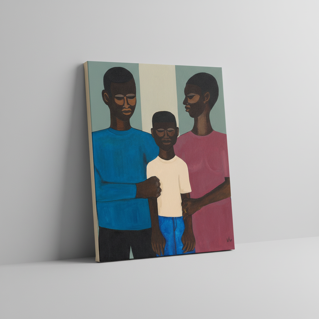 Painting of three people standing together on a gray background