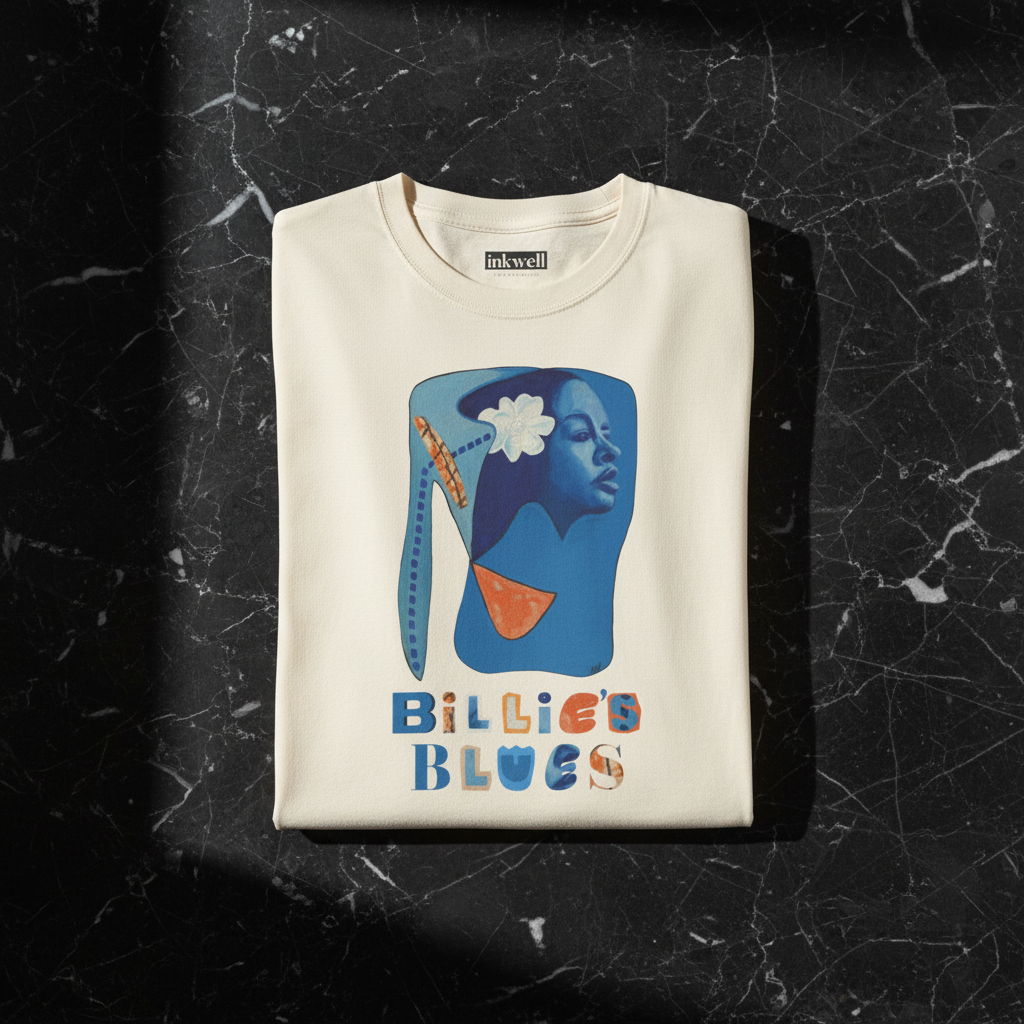 Billie's Blues natural tee folded on black marble — Art Is Power Vol. I | Inkwell Fine Art Prints