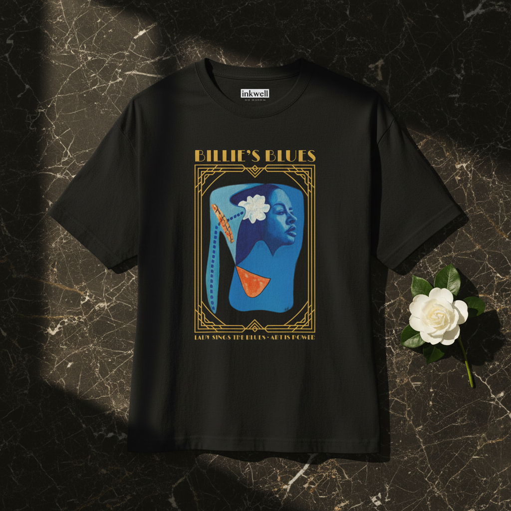 Billie Holiday Art Deco black tee folded on marble — Art Is Power Vol. I | Inkwell Fine Art Prints
