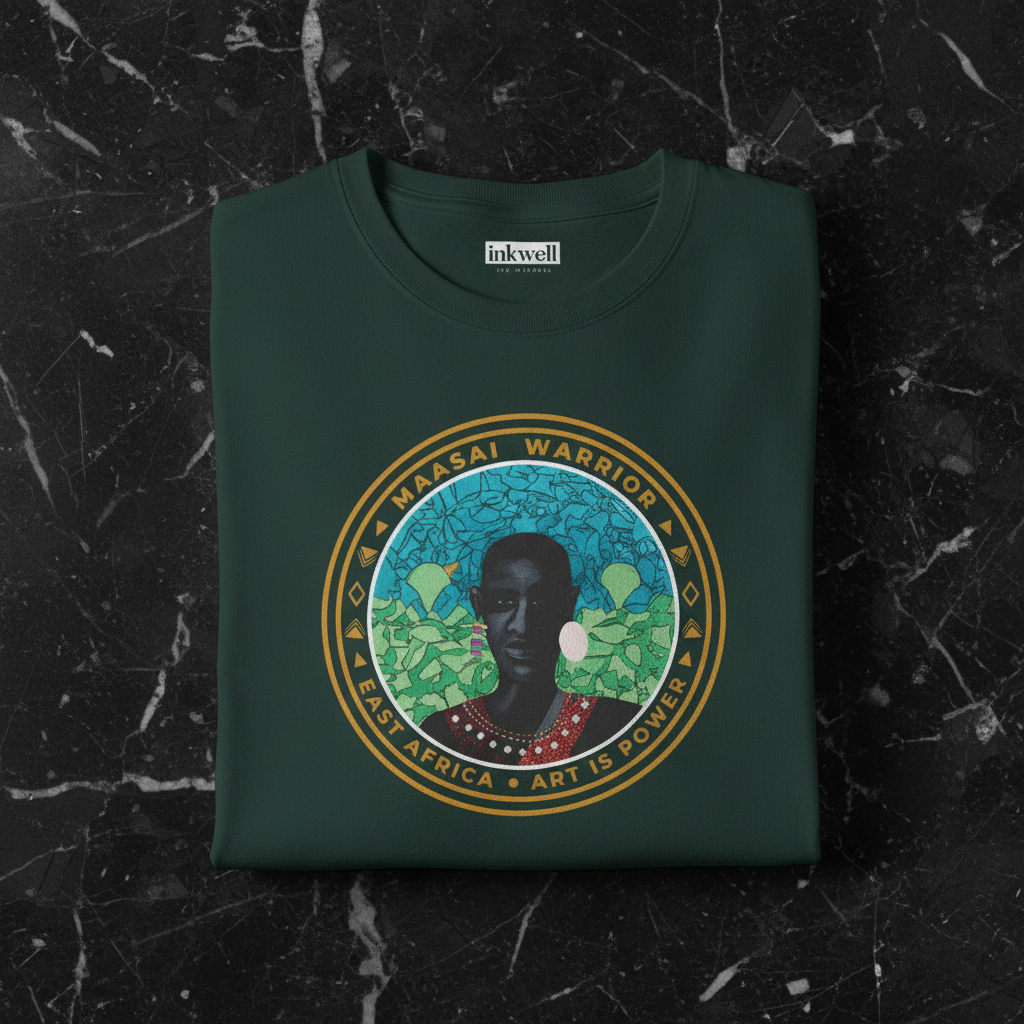 Maasai Warrior forest green tee folded on marble — Art Is Power Vol. I | Inkwell Fine Art Prints