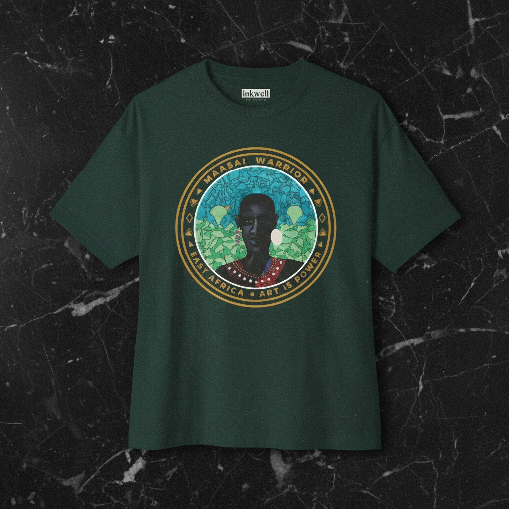 Maasai Warrior forest green tee front flatlay on black marble — Art Is Power Vol. I | Inkwell Fine Art Prints