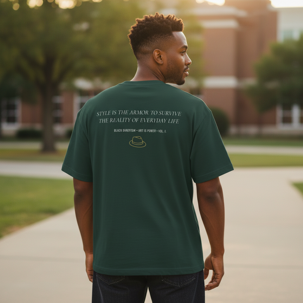 Faculty man forest green tee back view on campus — Dressed to Reign — Art Is Power Vol. I | Inkwell Fine Art Prints