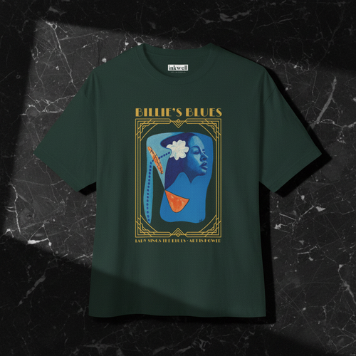 Billie Holiday Art Deco tee forest green folded product shot — Art Is Power Vol. I | Inkwell Fine Art Prints