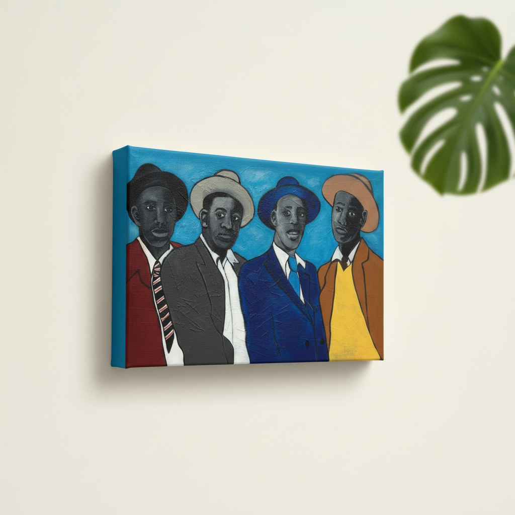 Four Guys canvas print Dutch tilt with plant leaf — dapper Black men Afrocentric wall art