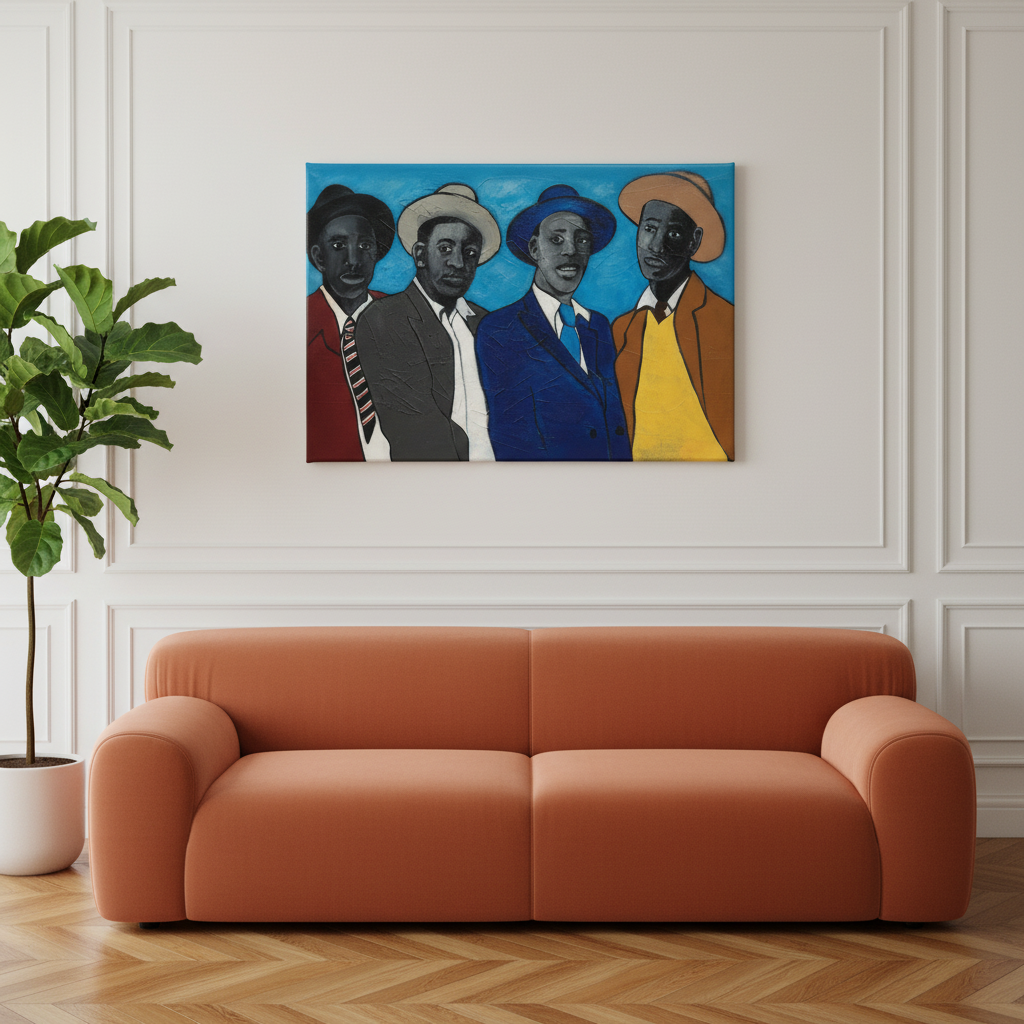 Four Guys canvas editorial interior shot with large canvas and sofa — Black dandyism art