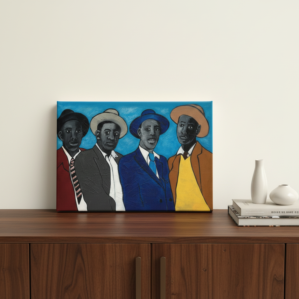 Four Guys canvas print flat on sideboard overhead — Black dandyism men art on canvas