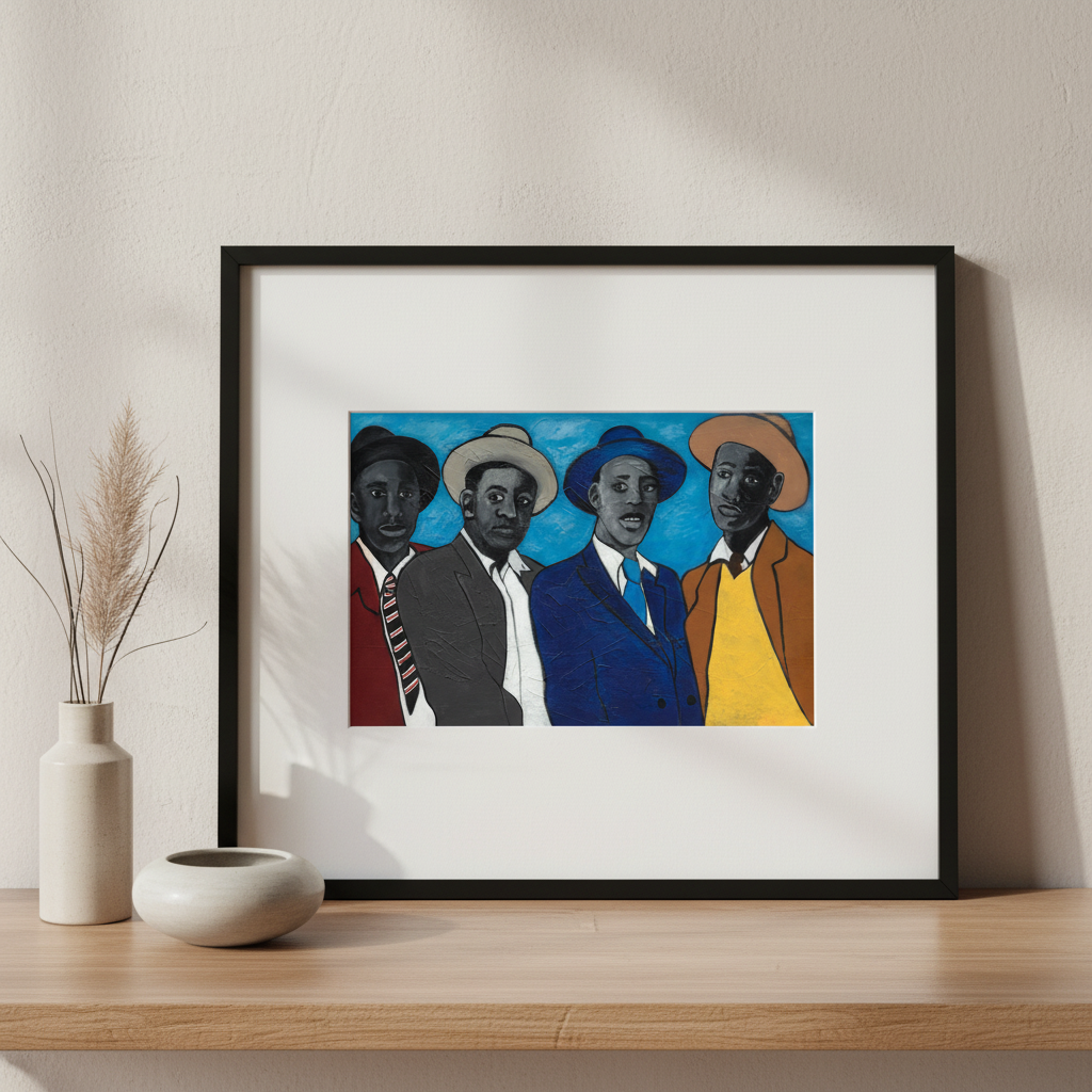 Framed artwork of four men in hats on a white wall with decorative items below.