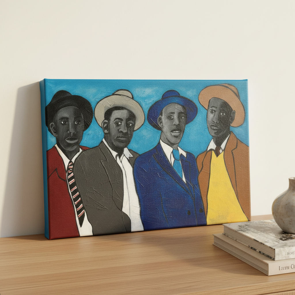 Four Guys canvas print overhead tight crop with books — dapper Black men canvas wall decor