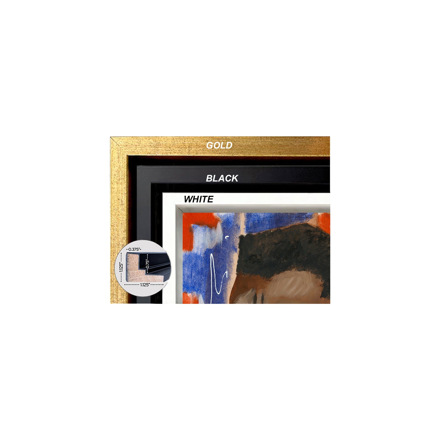 image shows frame swatches - black, gold, white