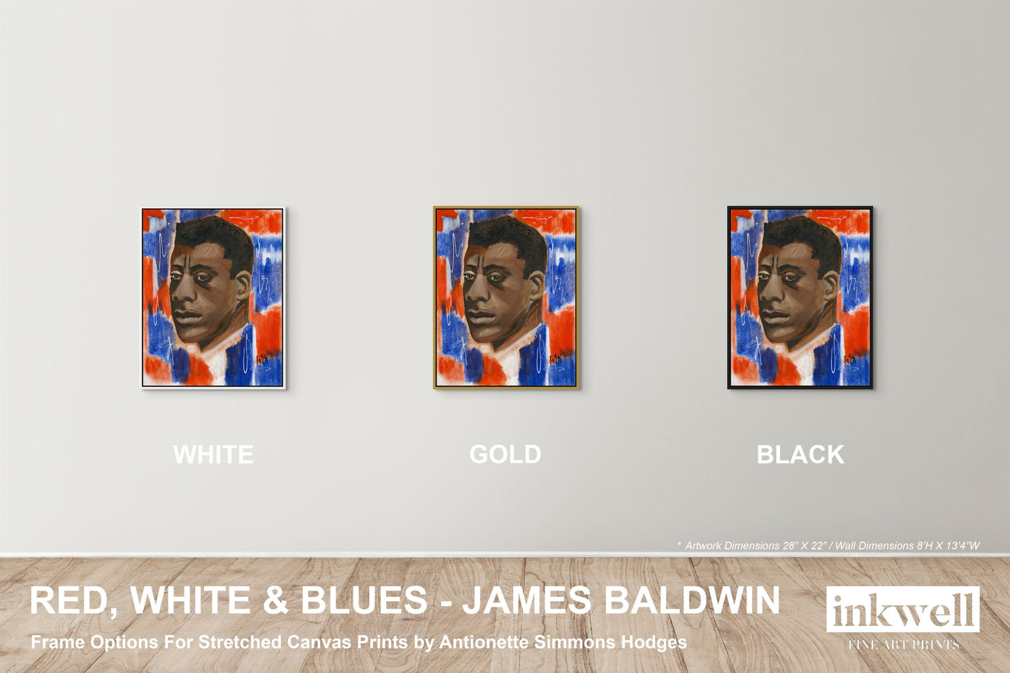 image showing James Baldwin stretched canvas prints framed in white, gold, and black wood frames. 