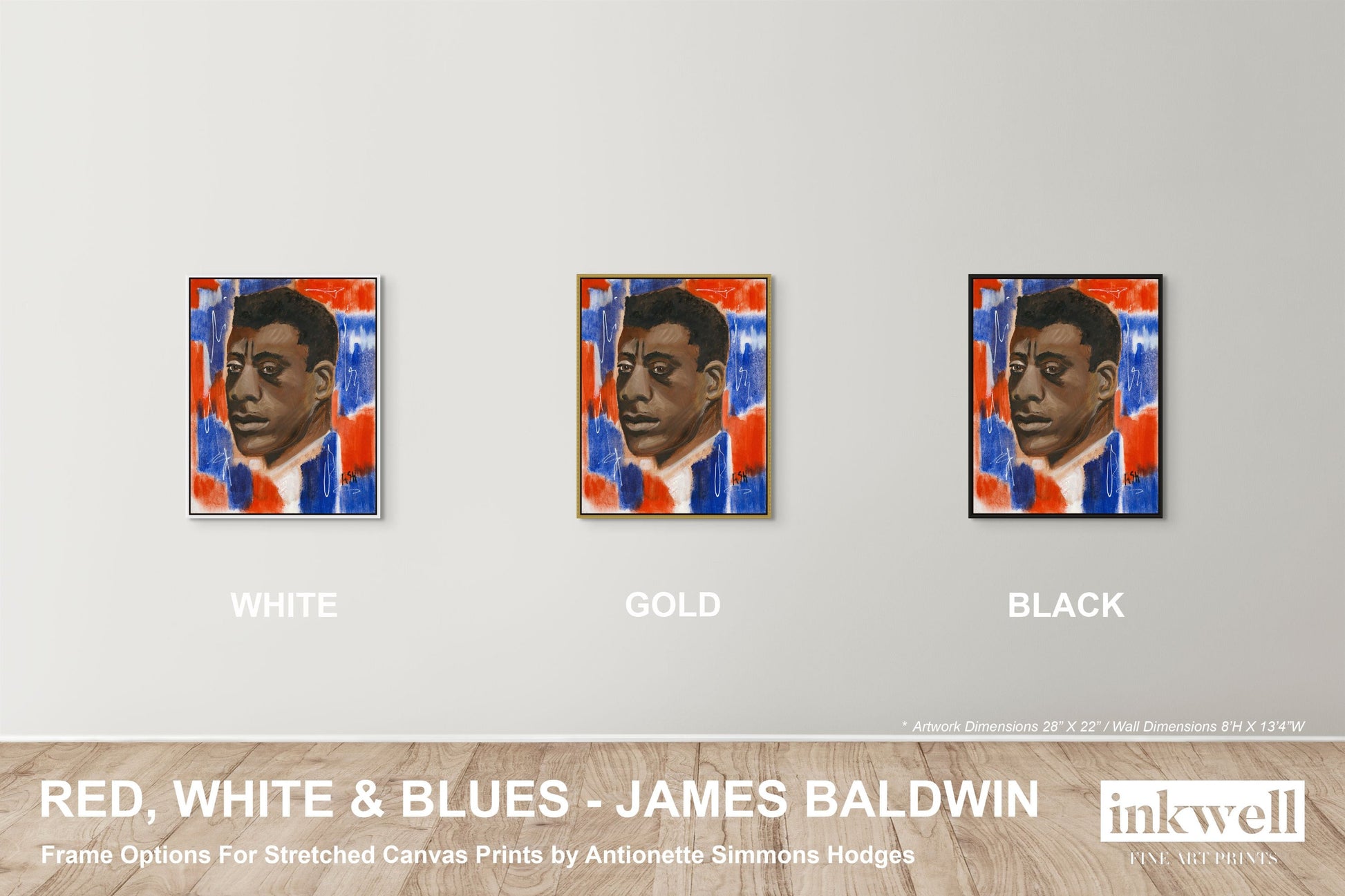 image showing James Baldwin stretched canvas prints framed in white, gold, and black wood frames. 