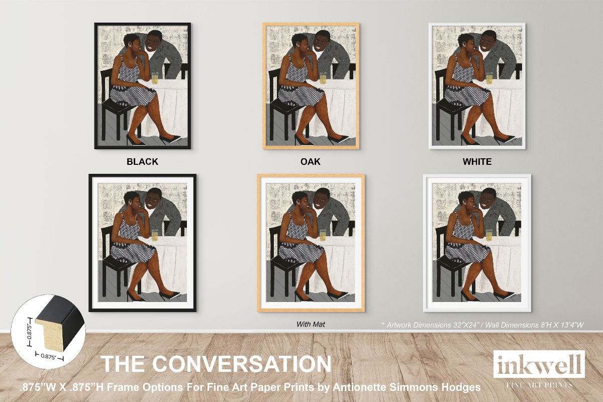 'The Conversation' paper print: Black couple sharing a moment of connection, featuring the woman's bold African-inspired attire and the man's warm smile, displayed on high-quality fine art paper. shown in framed options, black, oak, white