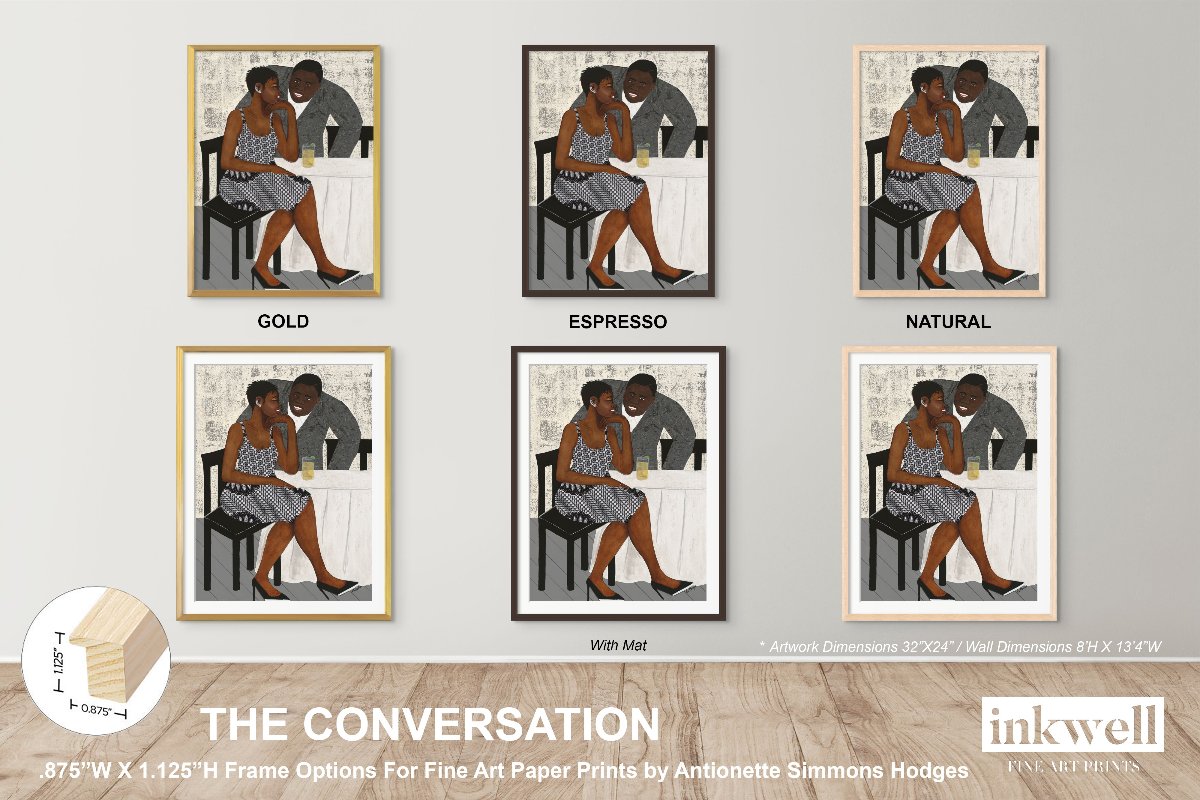 'The Conversation' fine art print on paper: Depicts an African American couple in an intimate exchange, with the woman's colorful dress and the man's stylish presence, surrounded by a subtle, abstract backdrop. shown framed in gold, espresso, and natural wood.