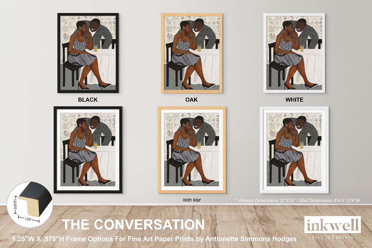 'The Conversation' fine art paper print: African American couple engaged in a heartfelt discussion, with the woman in a vibrant print dress and the man in a gray jacket, set against an elegant, textured background. shown  framed in black, pak, and white.