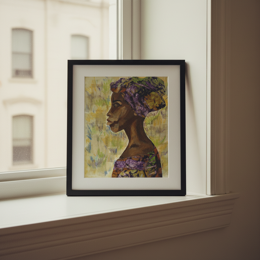 Nyanda African woman framed art print displayed on windowsill