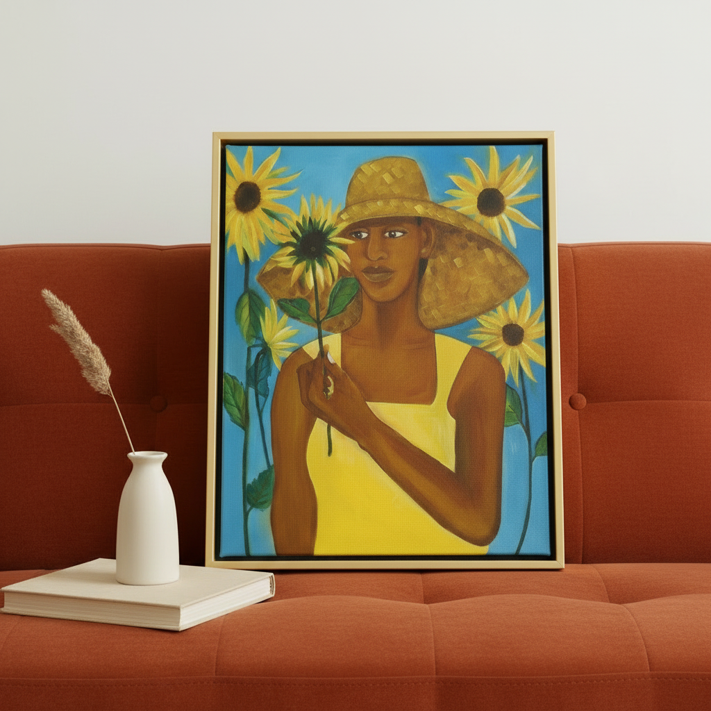 Black Girl Framed Canvas Wall Art (Sunflower) | African American Home Decor
