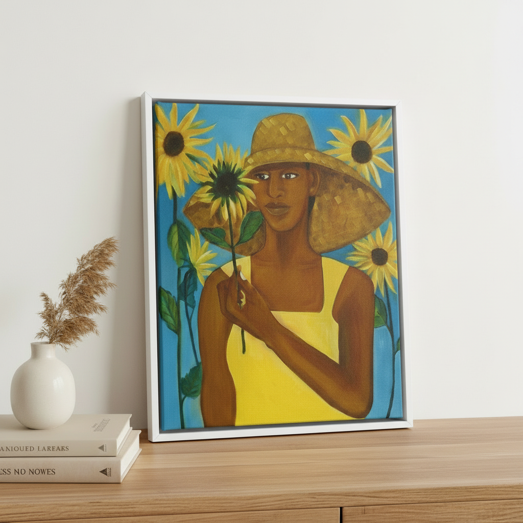 Black Girl Framed Canvas Wall Art (Sunflower) | African American Home Decor